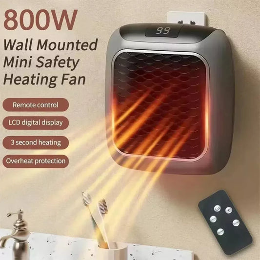 800W Space Heater Digital Electric Heater Wall Outlet Plug Small Fan Home Warmer