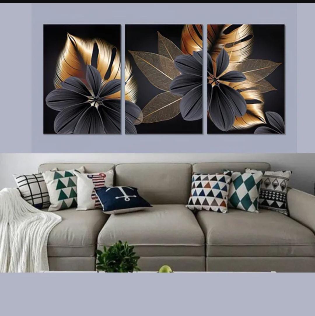 Luxury Floral Wall Art Set – 3 Wooden Frames (8x11”) with Elegant Black & Gold Botanical Design | Easy Wall Mounting with Double Tape