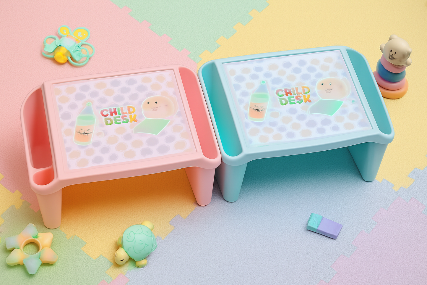 Kids Portable Study Table – Multifunctional Plastic Desk with Side Storage (56x40x30 cm) (Random Color)