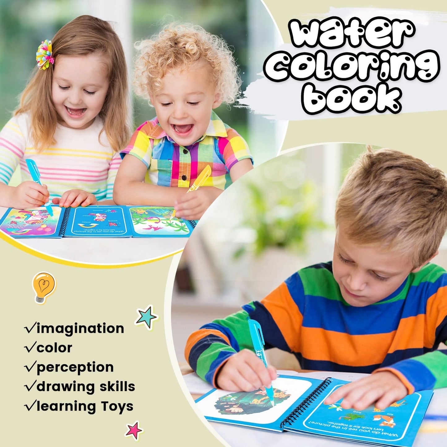 Magic Water Book Painting Drawing Coloring Book With Magic Water Pen ( Random Design )